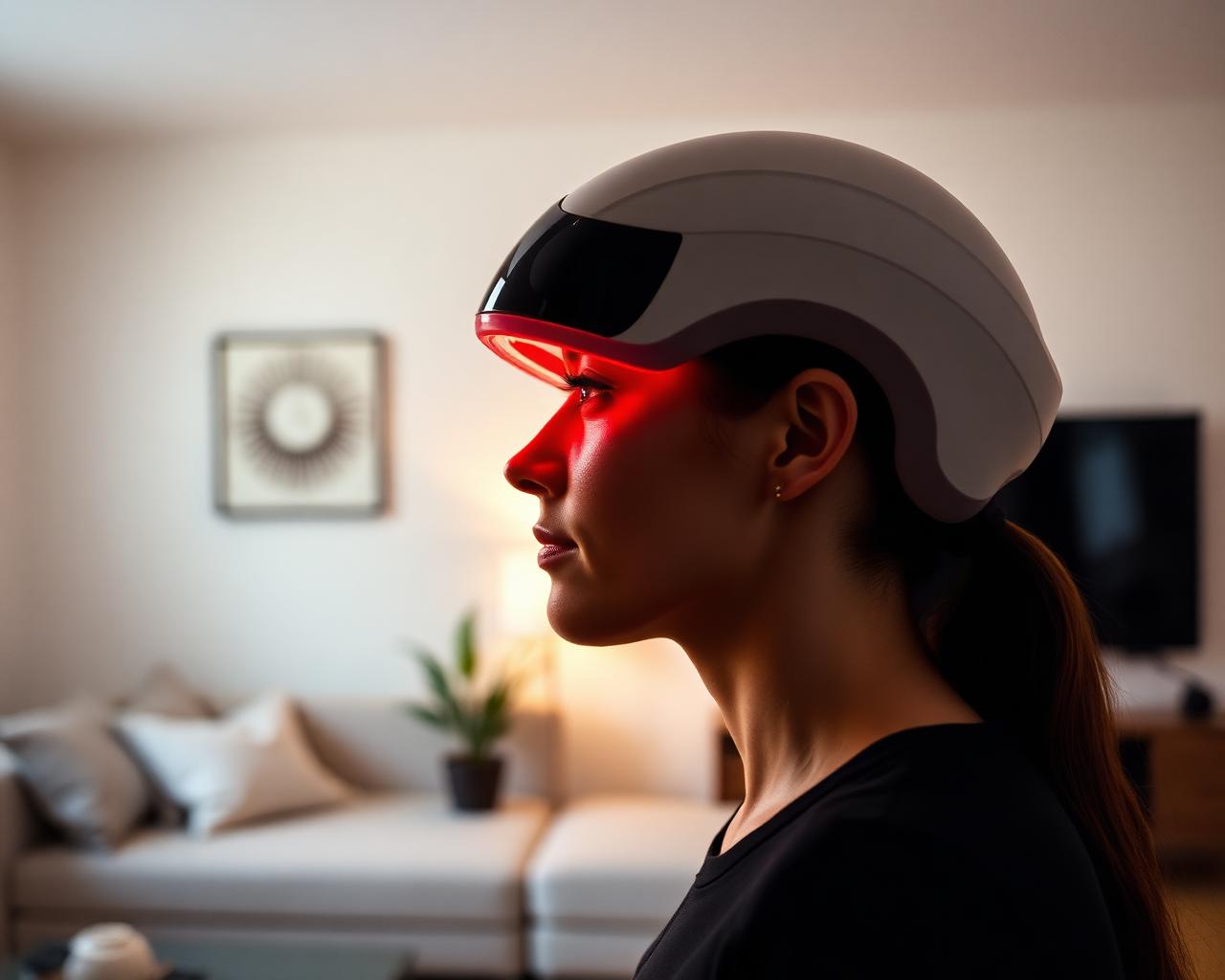 Person wearing the red light therapy hat at home for a 10-minute session